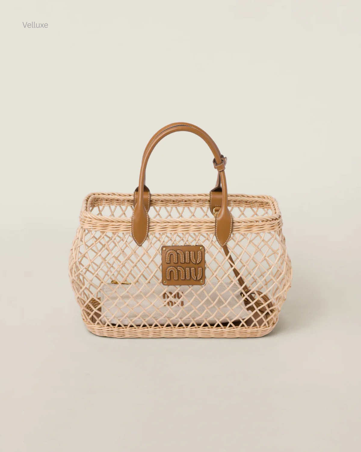 MIU MIU WOVEN FABRIC HANDBAG WITH LEATHER TRIM