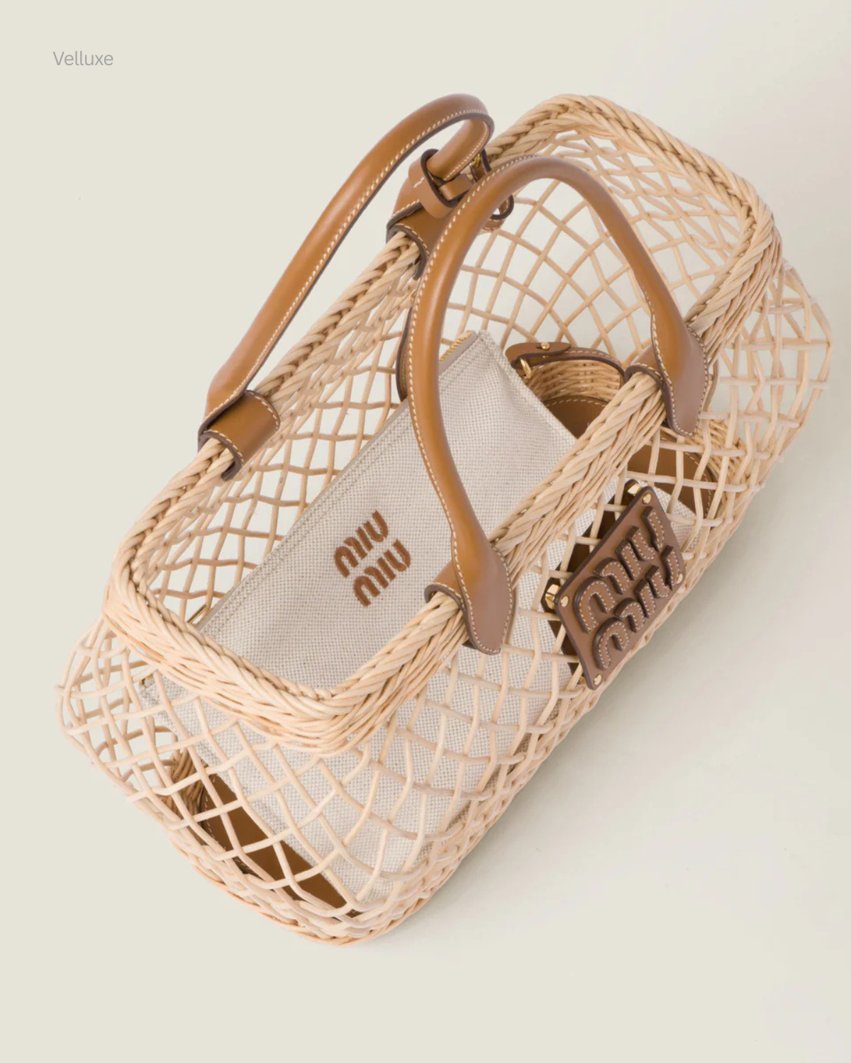 MIU MIU WOVEN FABRIC HANDBAG WITH LEATHER TRIM